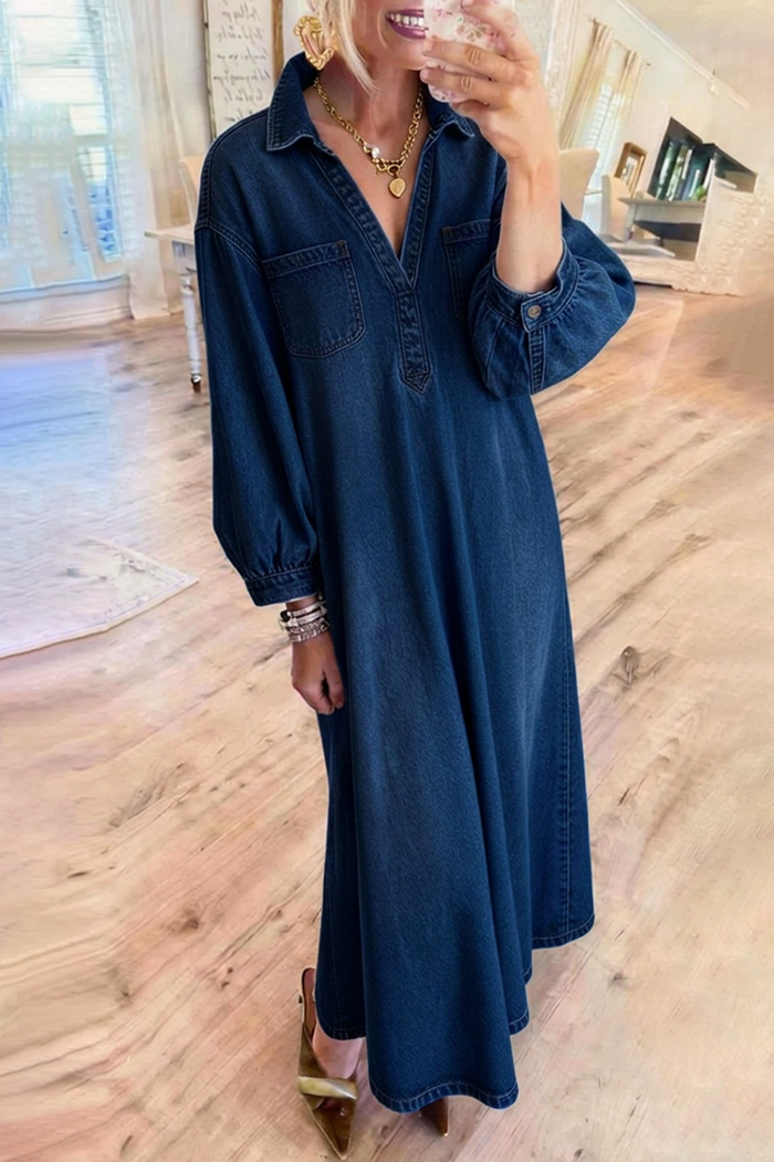 Dark Denim Collared Balloon Sleeves Flared Hem Maxi Dress