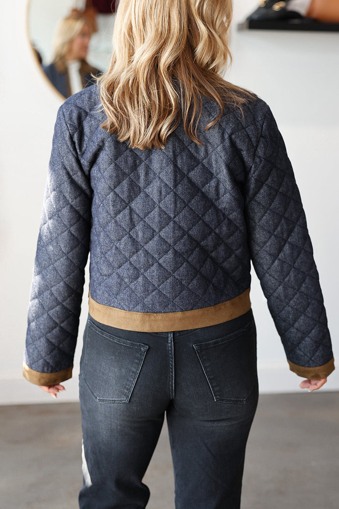 Pocketed Quilted Denim & Suede-Trimmed Jacket