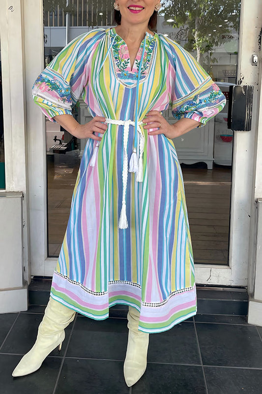 Colorful Vertical Striped Lace-Up Dress