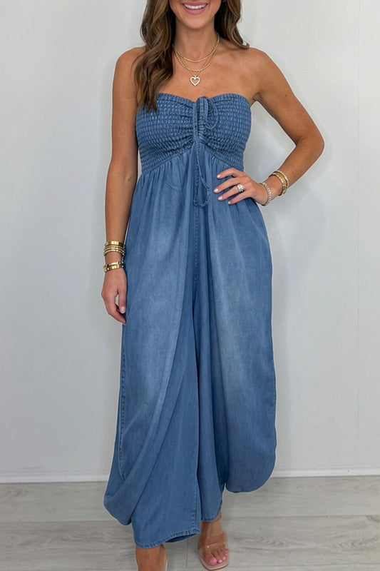 Denim Strapless Smocked Jumpsuit