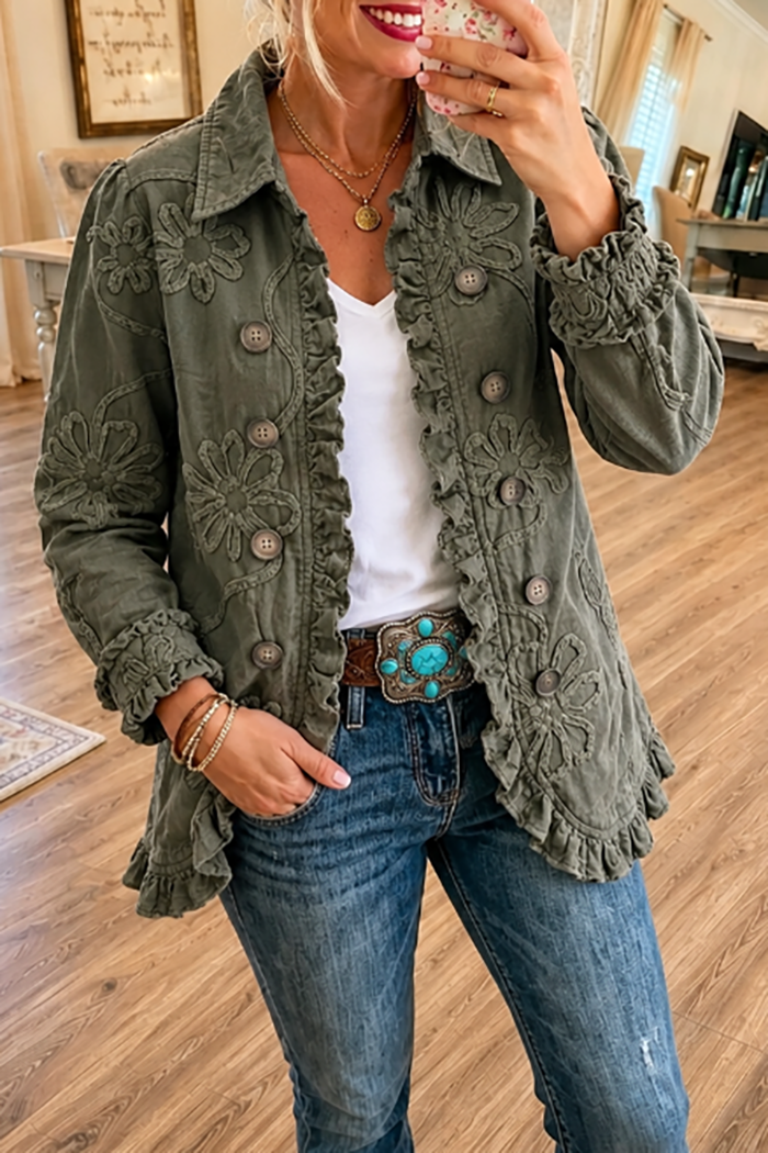 Olive Collared Floral Embroidery Ruffle Trim Jacket
