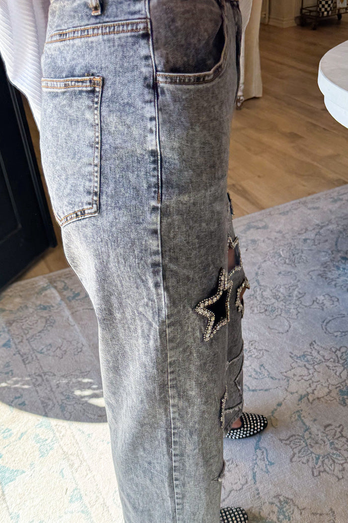 Star Heart Cutout Washed Rhinestone Jeans