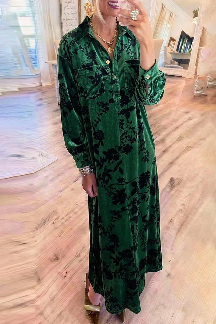 Velvet Floral Collared Chest Pockets Long Sleeve Maxi Dress