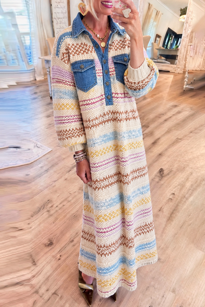 Color Stripe Knit Denim Collar Pockets Maxi Dress