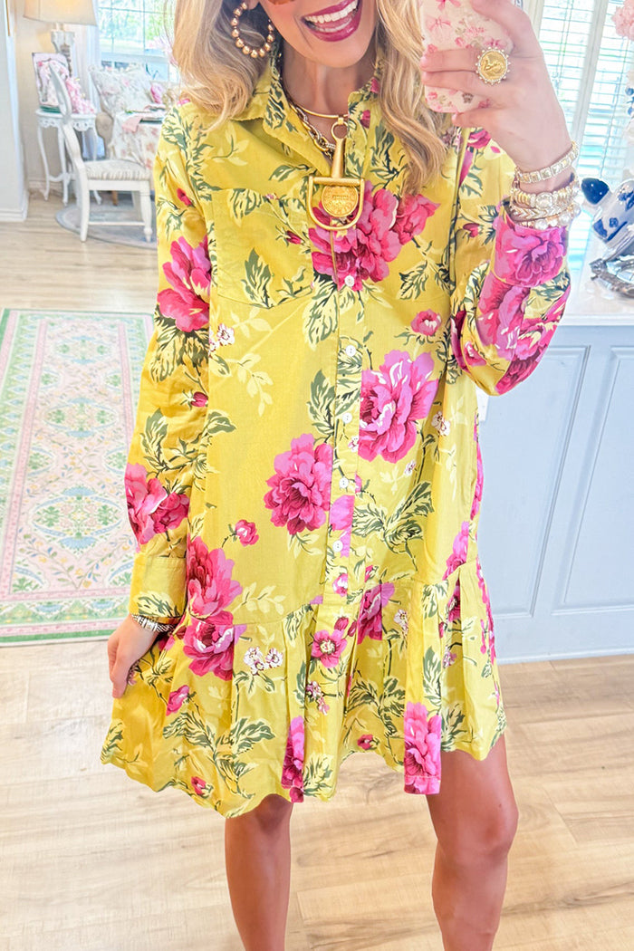Pleated Long Sleeve Ruffle Hem Shirtdress