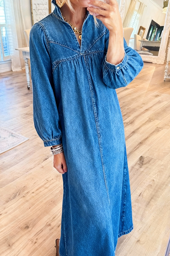 Puff Sleeve Smocked Denim Midi Dress