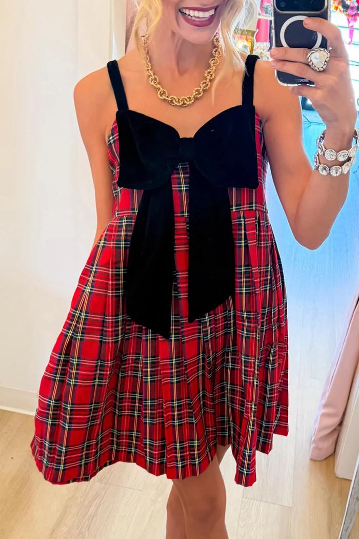 Red Plaid Velvet Bow Dress