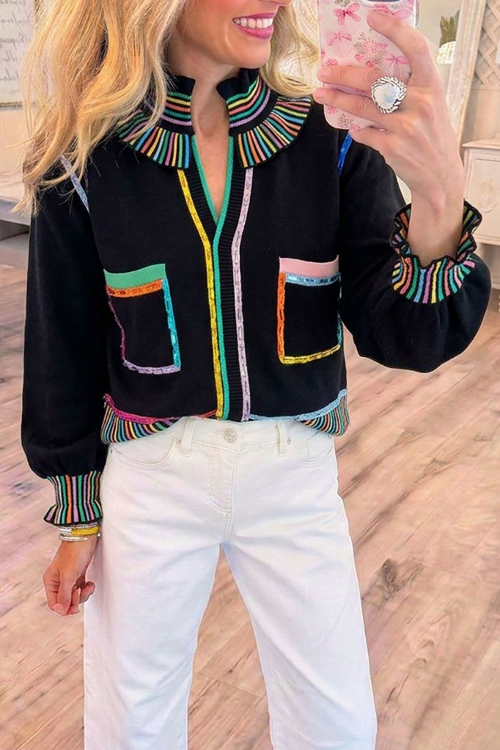 Black Ruffle Collar Knit Stripe Trim Pockets Top