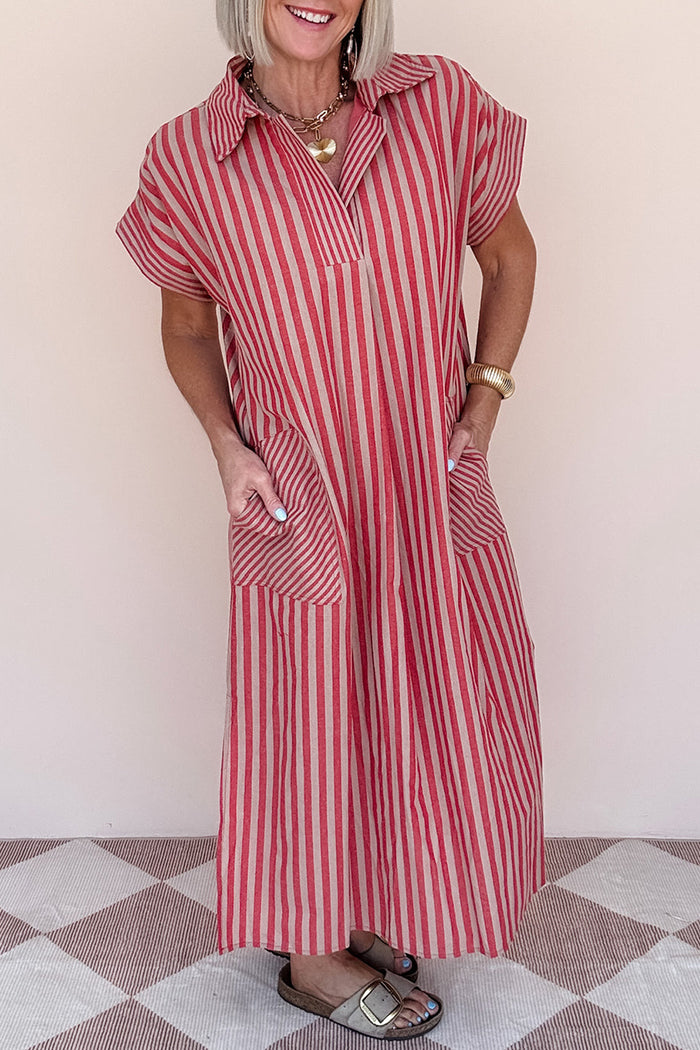 Notched Collar Striped Kaftan Pocket Midi Dress
