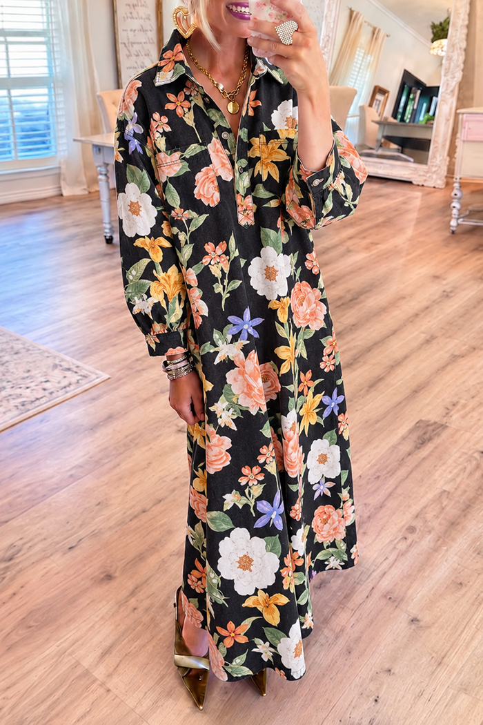 Denim Black Floral Shirt Maxi Dress
