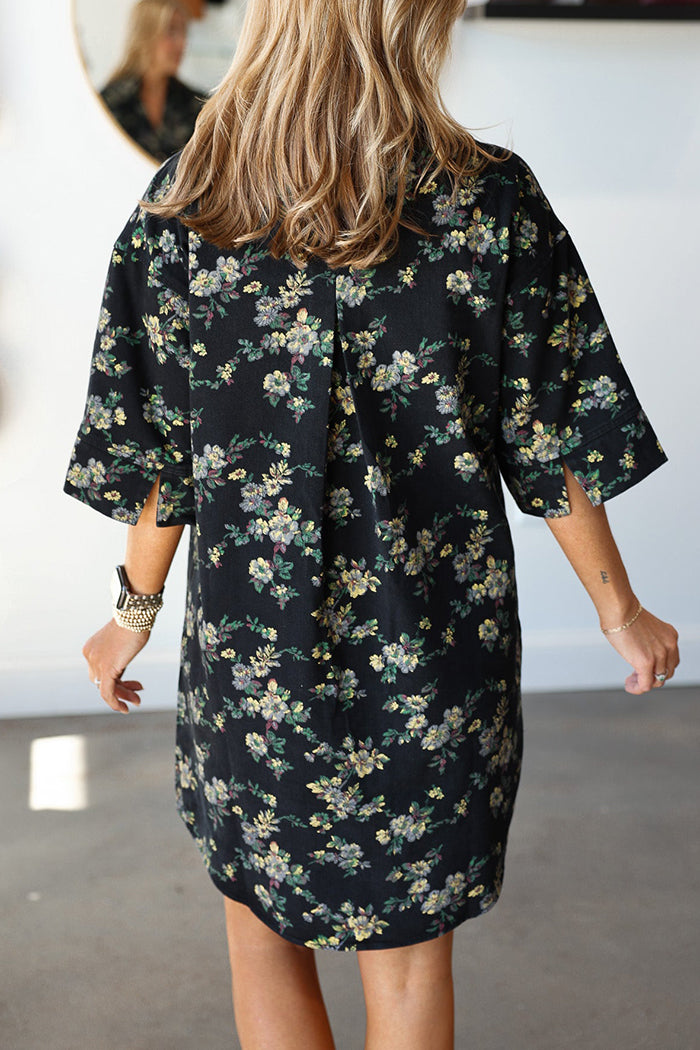 Button Front Floral Pocket Dress