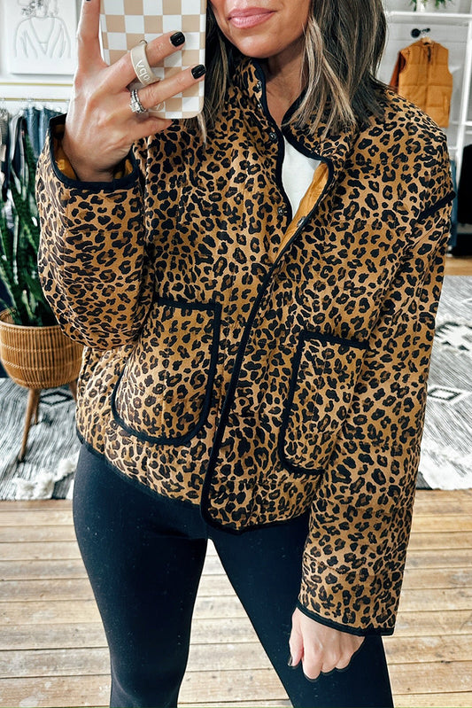 Leopard Puffer Button Pocket Jacket