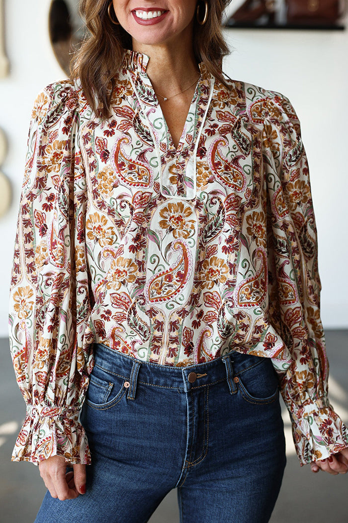 V-Neck Long Sleeve Paisley Top