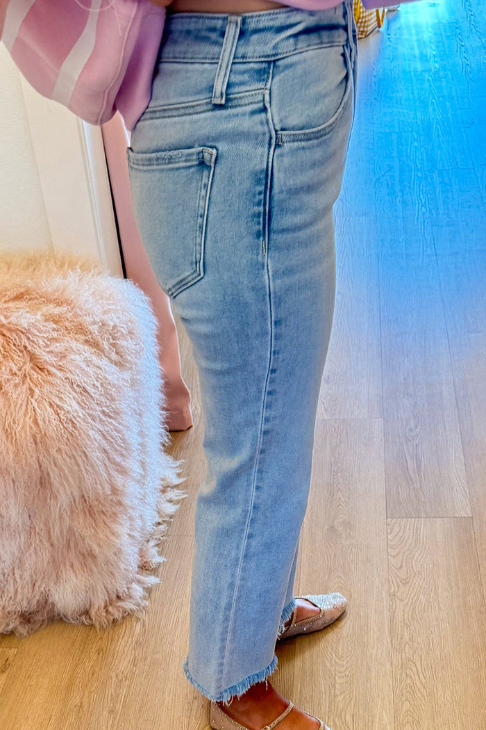 High Rise Frayed Flare Denim Pant