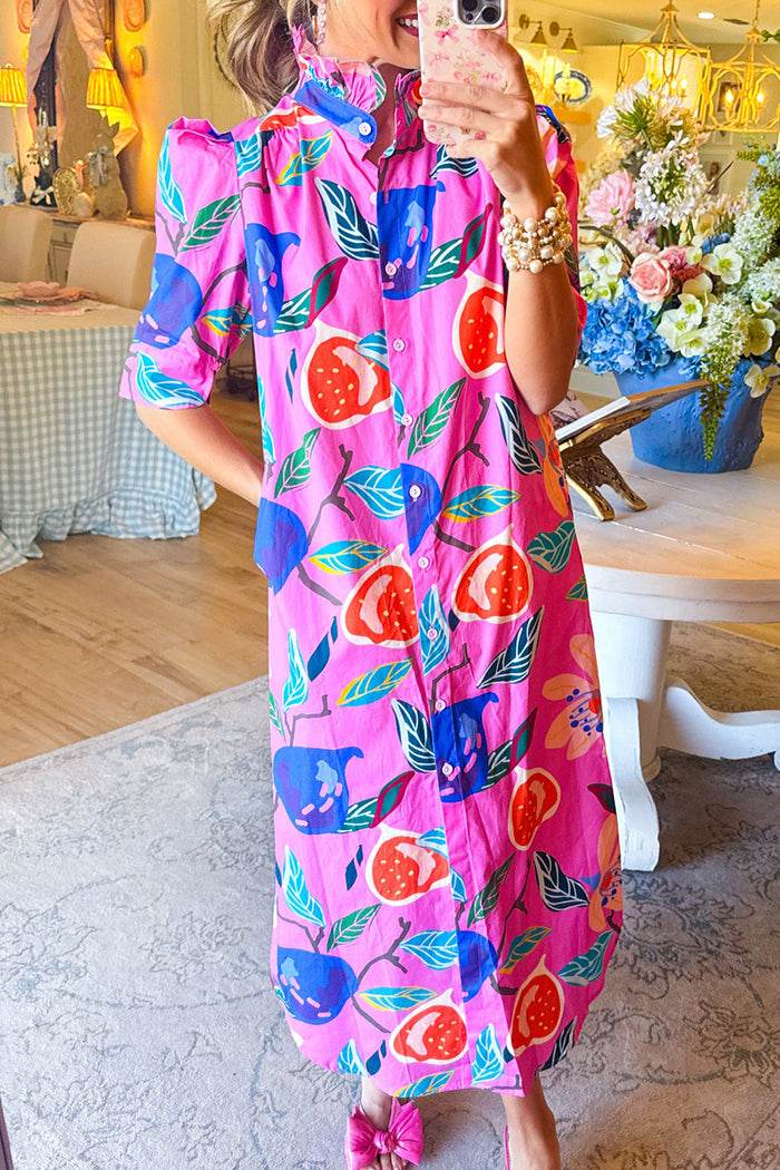 Ruffle Neck Button Up Pocket Maxi Dress