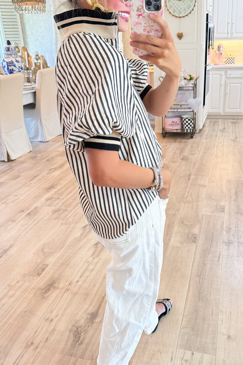 Stripe Half Zip Puff Sleeves Top