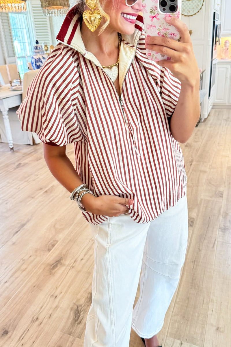 Stripe Half Zip Puff Sleeves Top