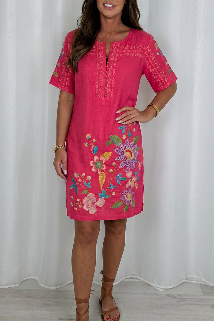 Fuchsia Floral Short Sleeve Split Hem Dress