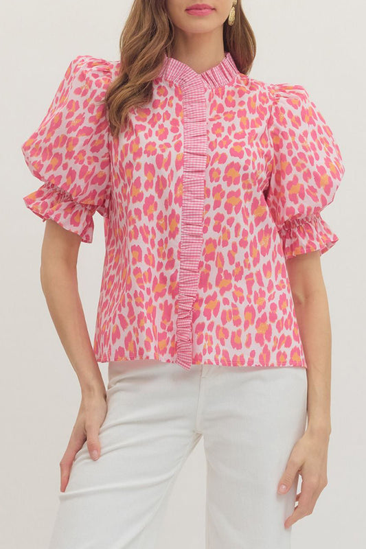 Leopard Print Puff Sleeve Top