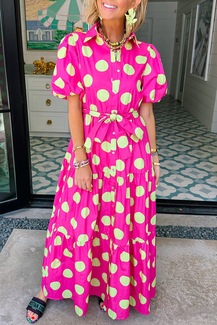 Hot Pink Puff Sleeve Polka Dot Midi Dress
