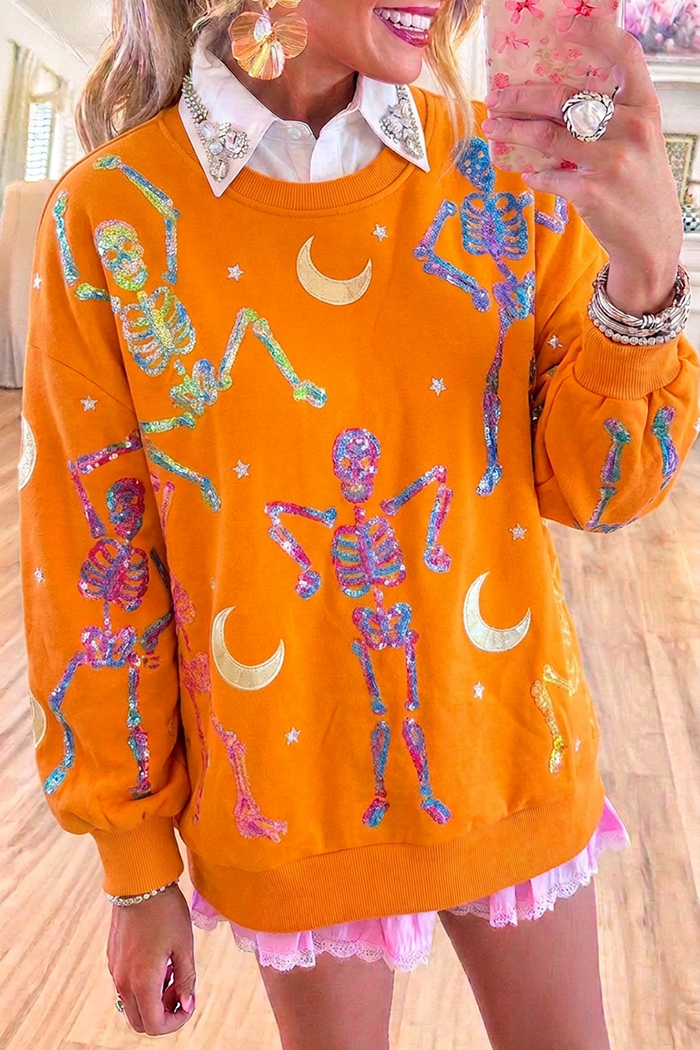 Skeleton Moon Star Sequin Motif Long Sleeve Crew Neck Sweatshirt