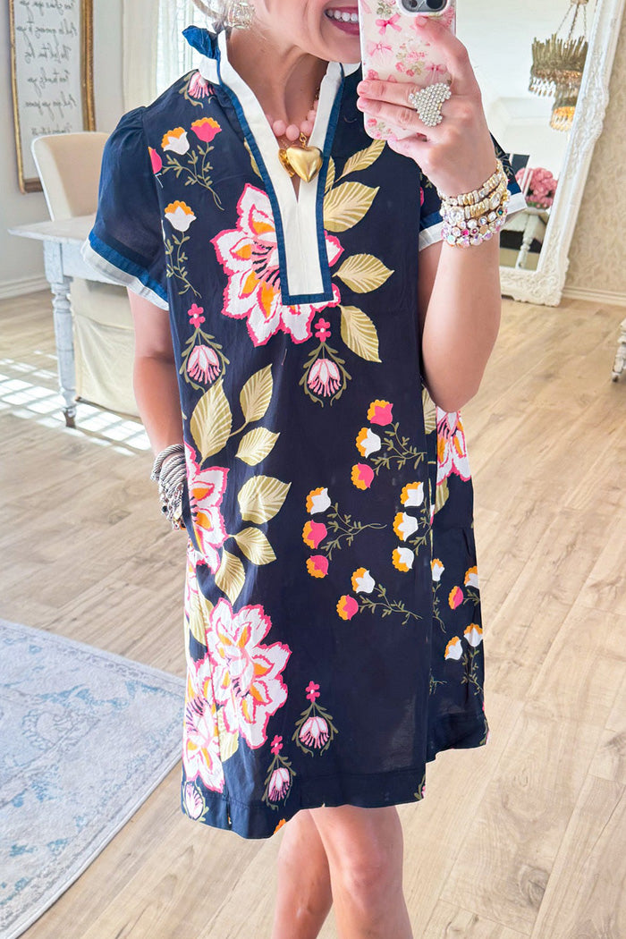 Black Mix Floral Print Pocket Dress