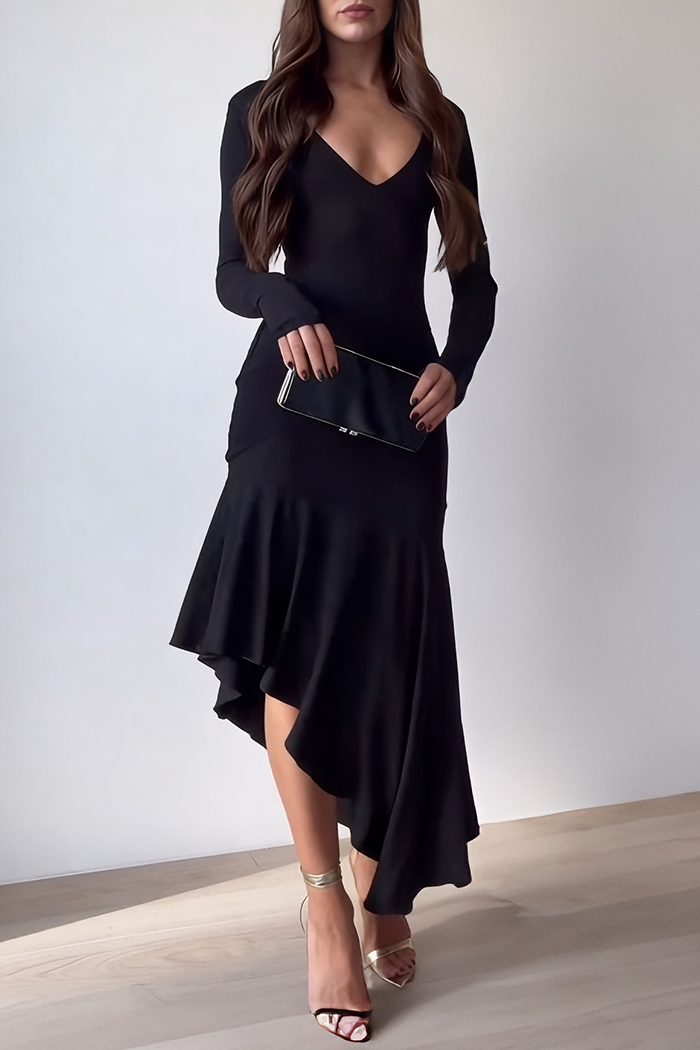 Black Fitted Asymmetric Ruffle Midi Dress