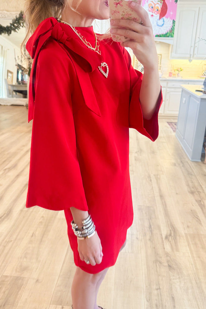 Red Long Sleeves Bow Scallop Hem Dress