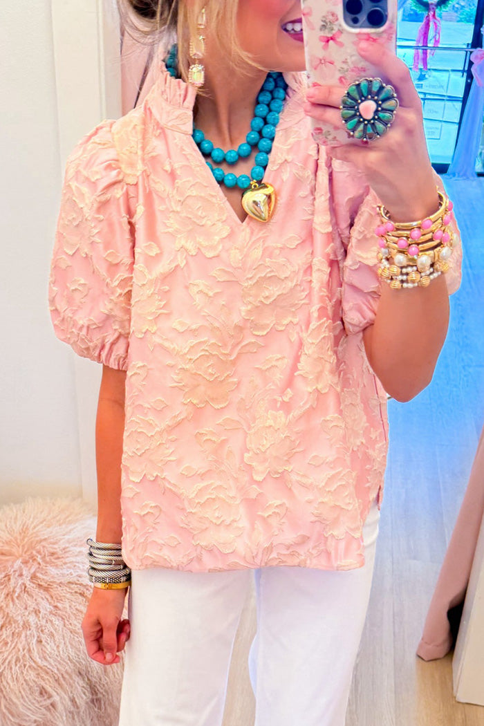 Ruffle Neck Puff Sleeve Floral Blouse