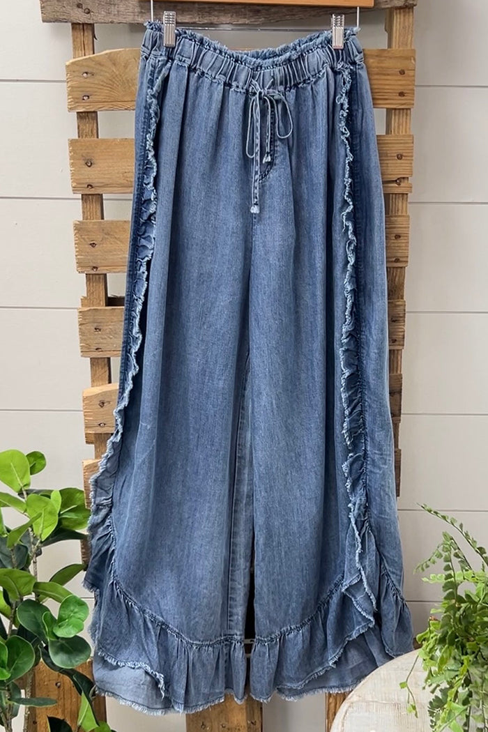 Denim Ruffle Trim Wide Leg Pants