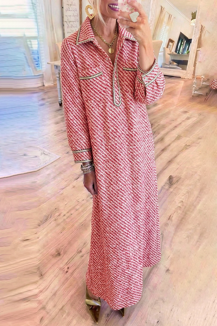 Red White Tweed Collared Pockets Maxi Dress
