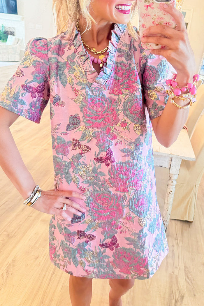 Pink Floral Jacquard Shift Dress