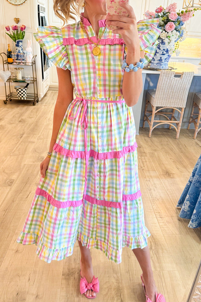 Plaid Flutter Sleeve Maxi Dress