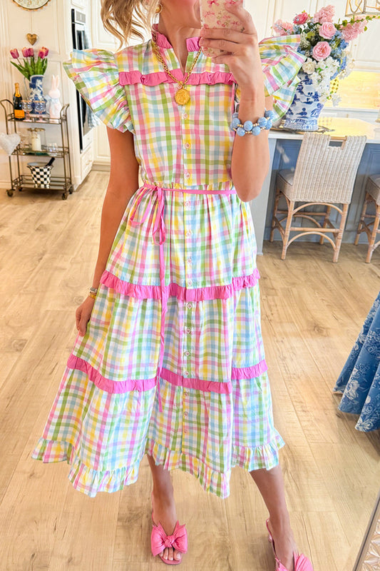 Plaid Flutter Sleeve Maxi Dress