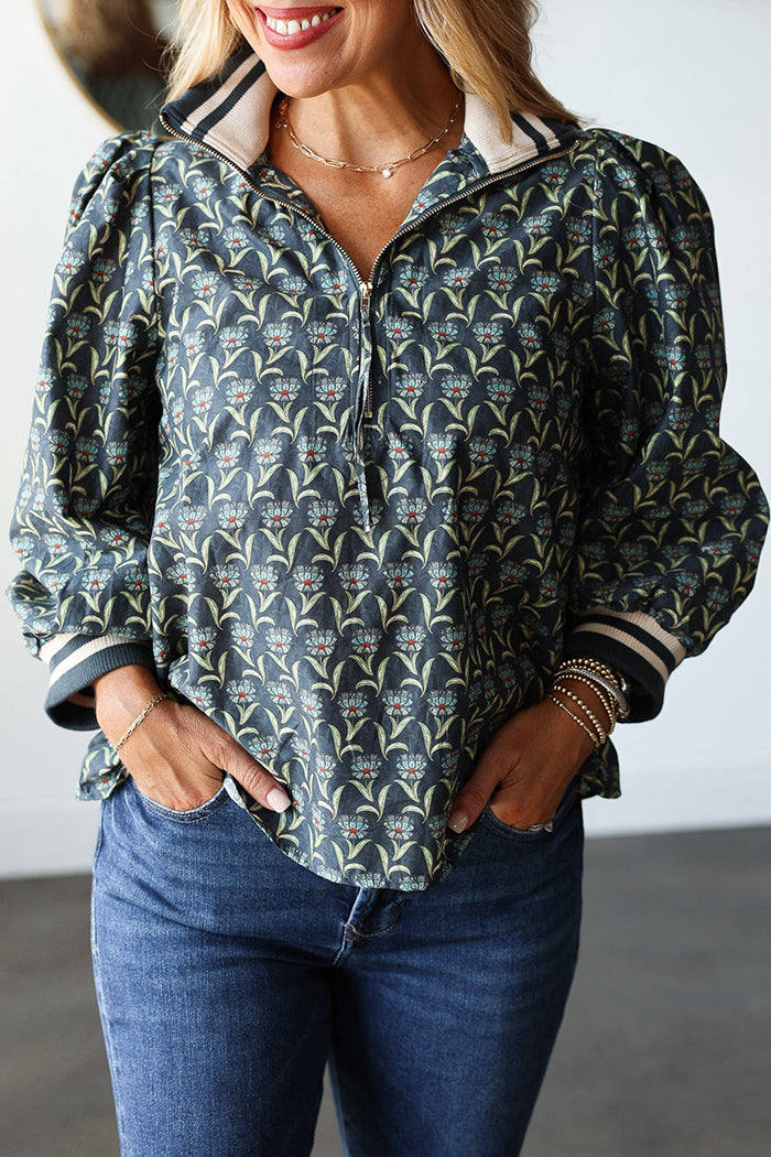 Printed Quarter Zip Contrast Top
