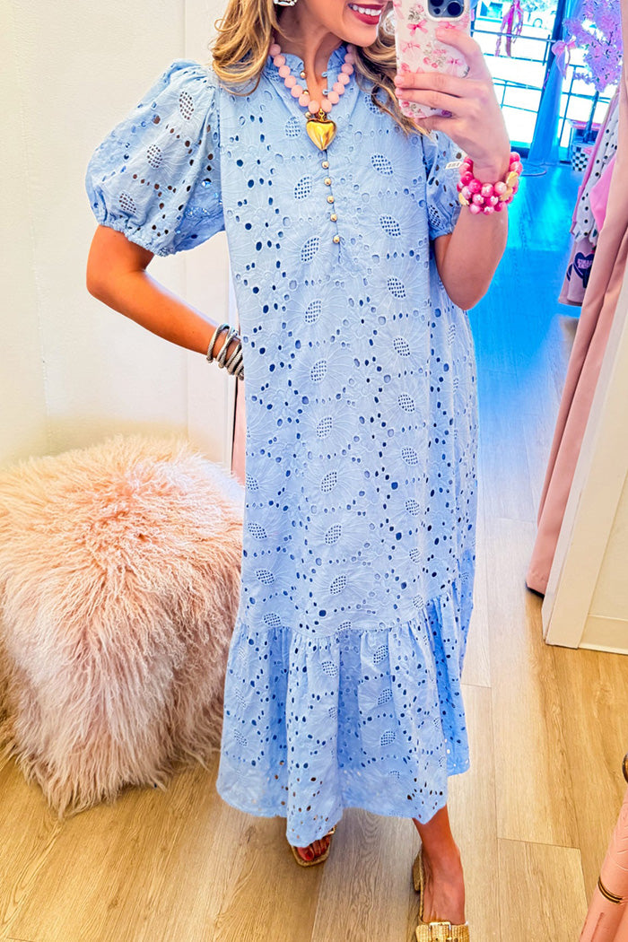 Blue Eyelet Puff Sleeve Ruffle Hem Maxi Dress