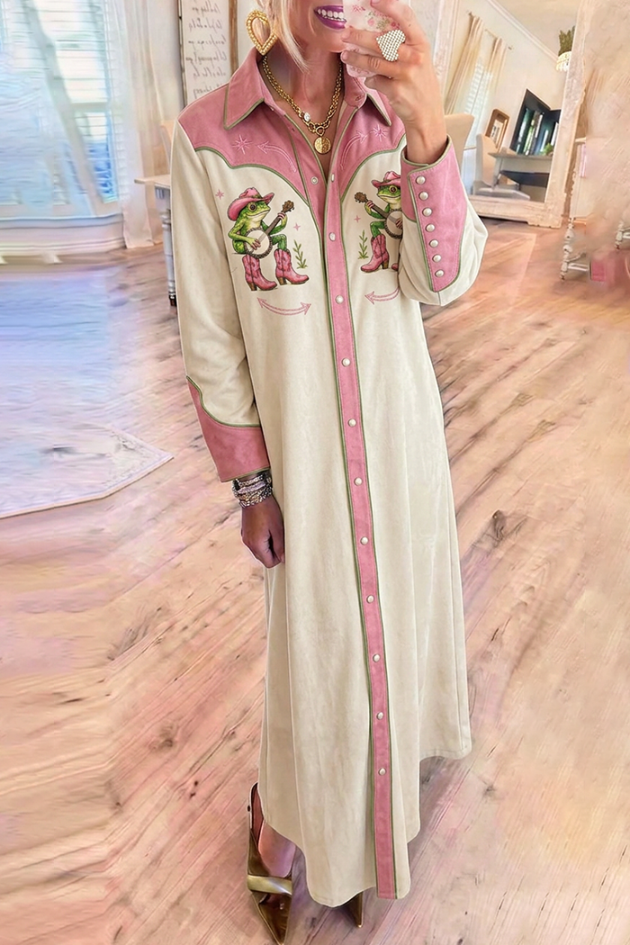 Cream Pink Color Block Western Frog Maxi Dress