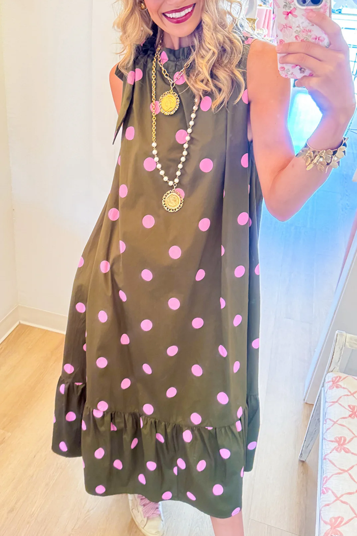 Ruffle Neck Tie Detail Polka Dot Sleeveless Pocket Maxi Dress