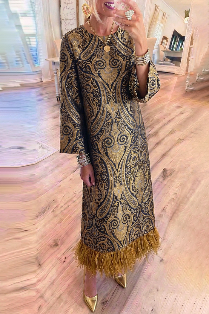Paisley Jacquard Round Neck Feather Hem Pockets Maxi Dress