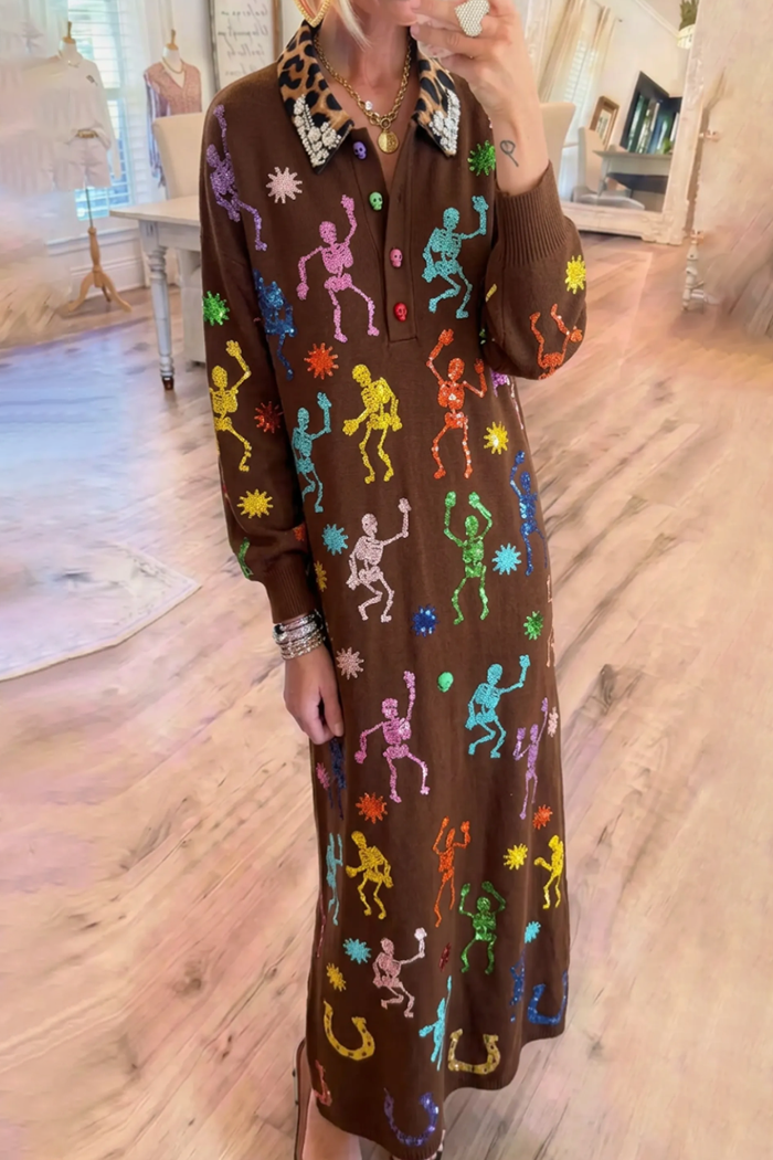Brown Skeleton Sequin Leopard Collar Knit Maxi Dress