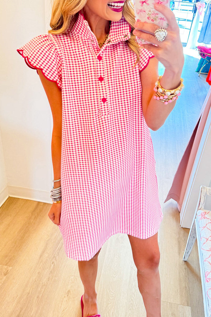 Pink Gingham Scallop Sleeve Pocket Dress