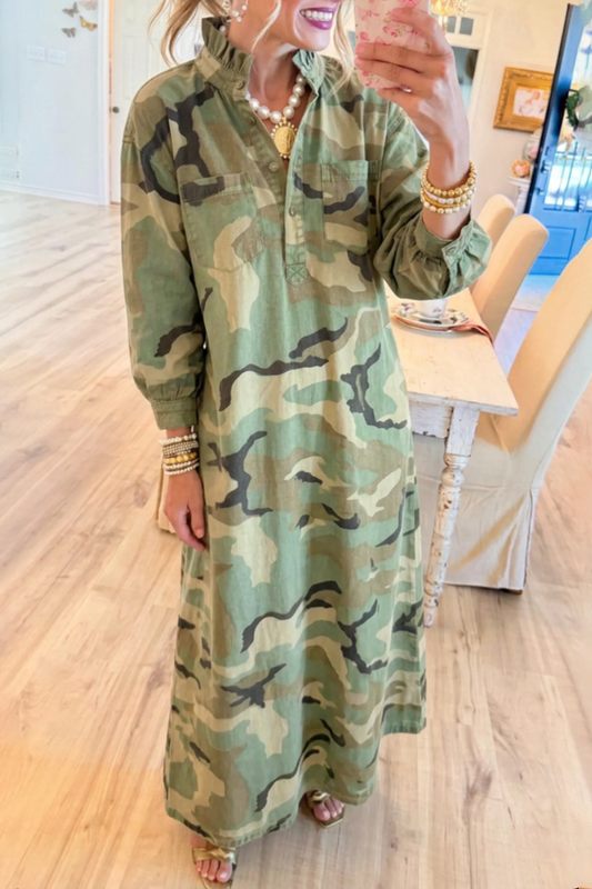 Ruffle Collar Henley Camo Pocket Maxi Dress