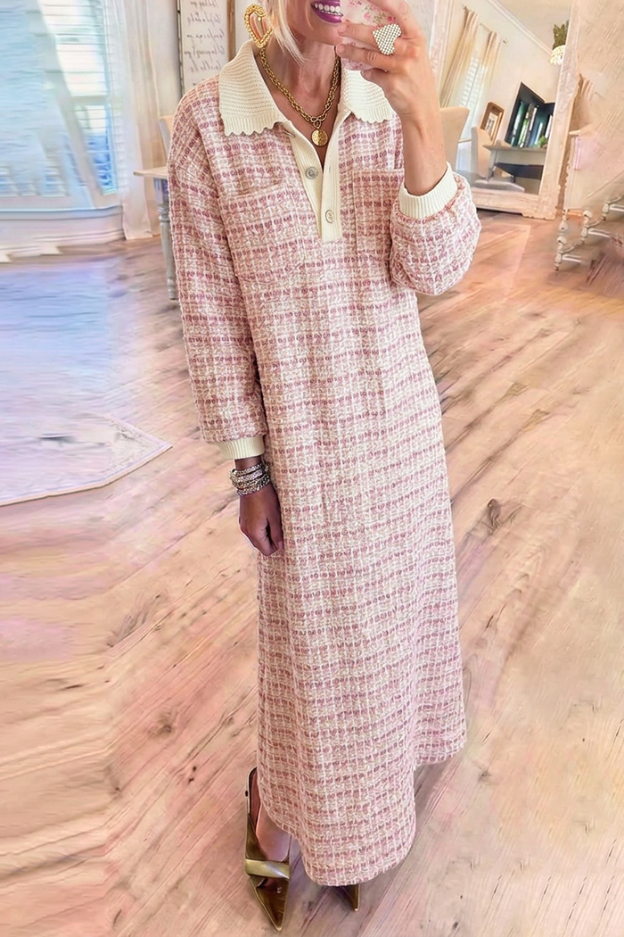 Pink Mix Tweed Plaid Scallop Collar Pocket Maxi Dress