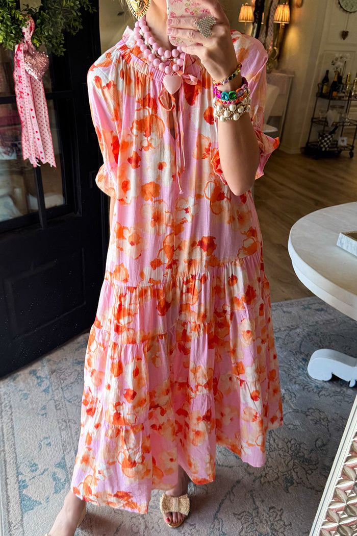 Flowy Pink Floral Print Midi Dress