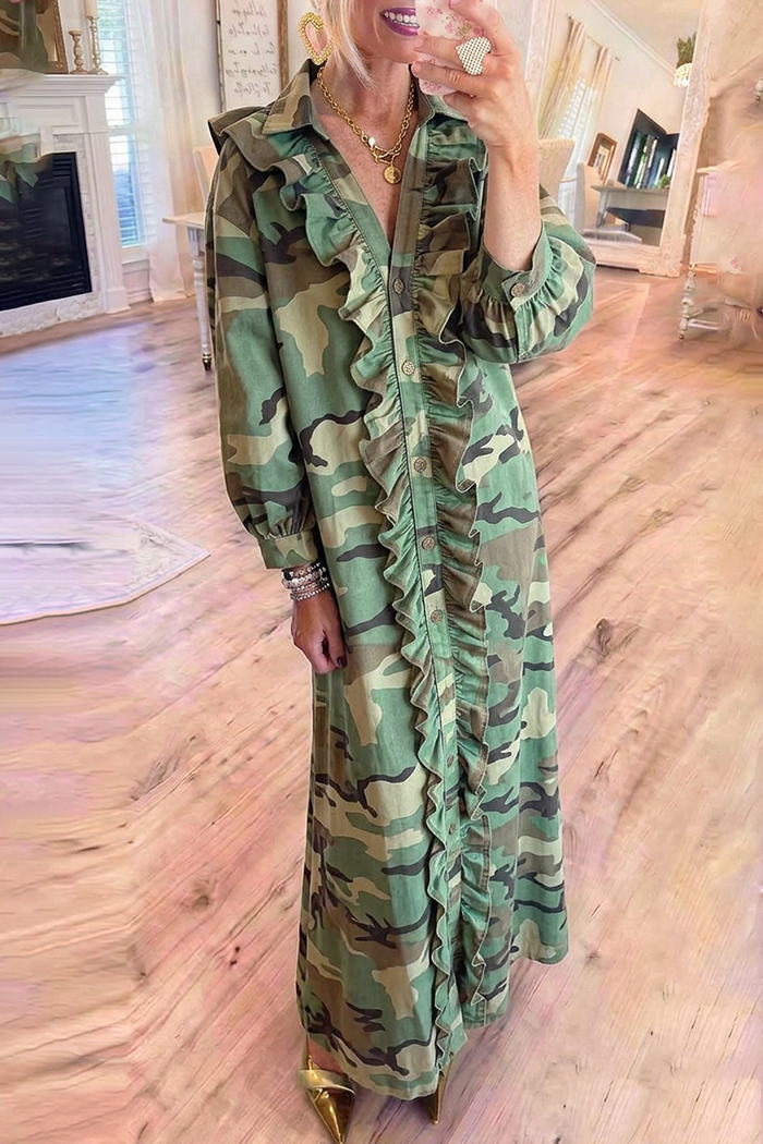Camo Denim Ruffle Placket Full Button Front Maxi Dress