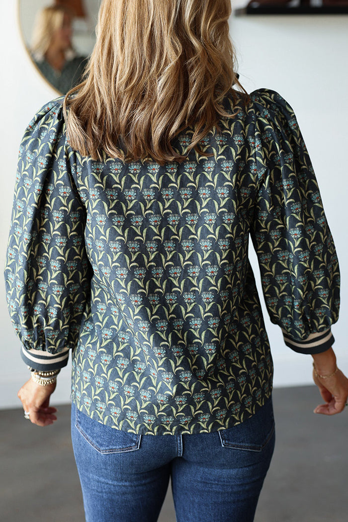 Printed Quarter Zip Contrast Top