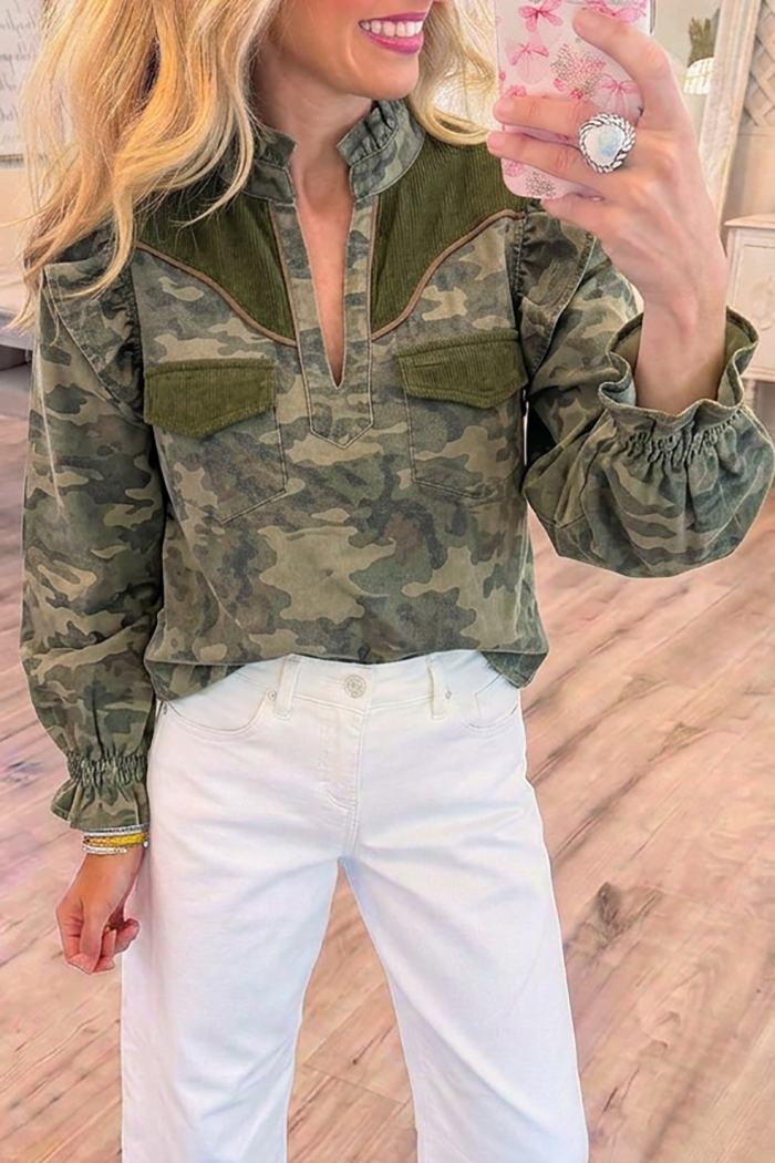 Ruffle Stand Collar Camo Chest Pocket Top