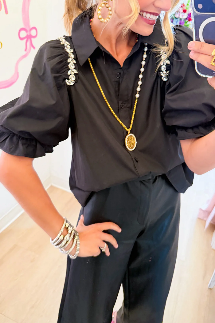 Black Rhinestone Puff Sleeve Top