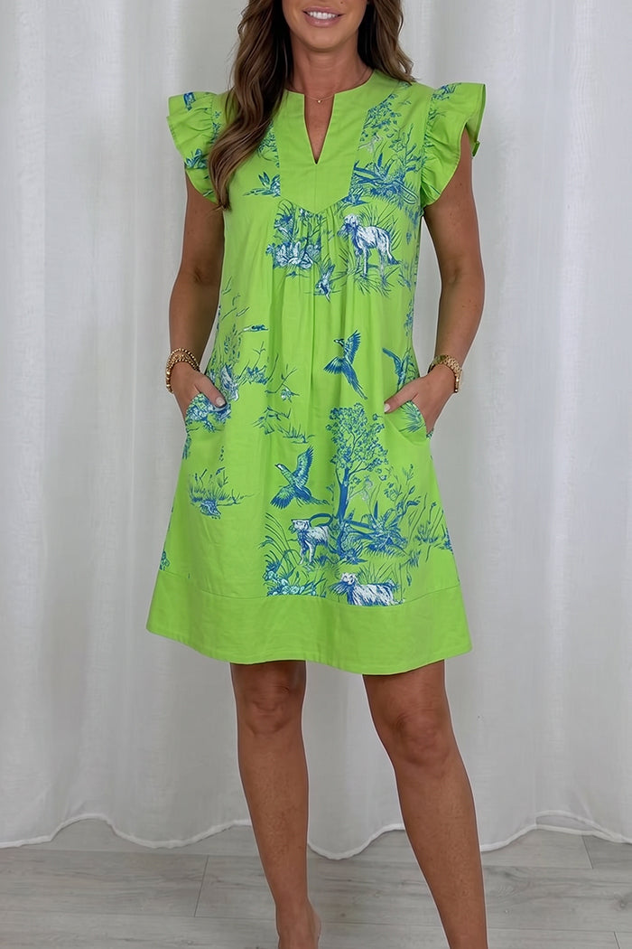 Print Ruffle Sleeve Pocket Dress
