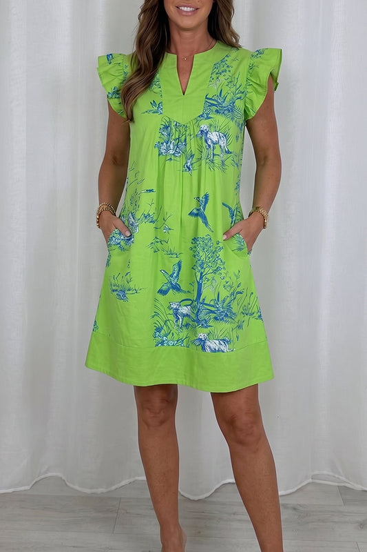 Print Ruffle Sleeve Pocket Dress